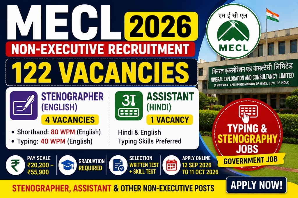 MECL Non-Executive Recruitment 2026: Stenographer, Assistant and Typing Jobs, 122 Vacancies, Eligibility, Salary and Selection Process