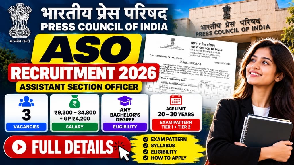 Press Council of India ASO Recruitment 2026: 3 Vacancies, Eligibility, Salary, Exam Pattern, Syllabus and How to Apply